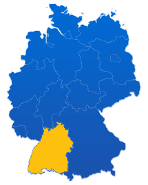 Deutschlandkarte mit einer farbigen Hervorhebung für das Bundesland Baden-Württemberg
